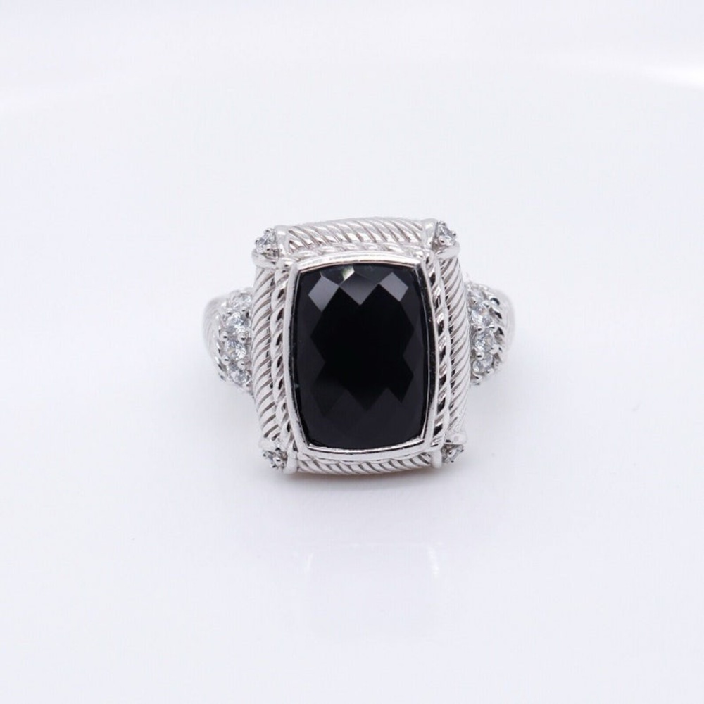 Judith Ripka Sterling Silver Faceted Black Onyx and Diamonique Size 10 Ring